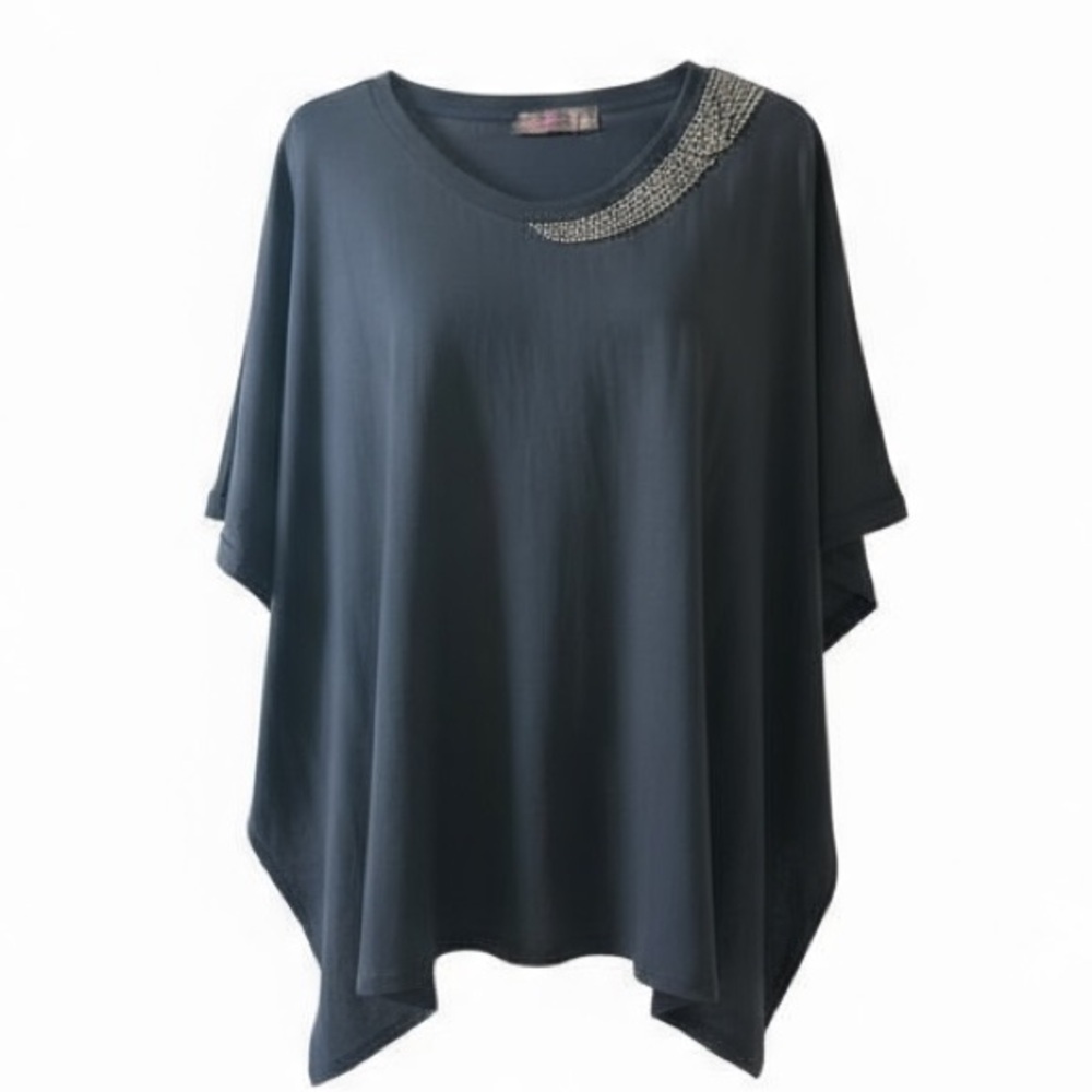 Black Oversized Plus Size Women's Top with Embellished Detail